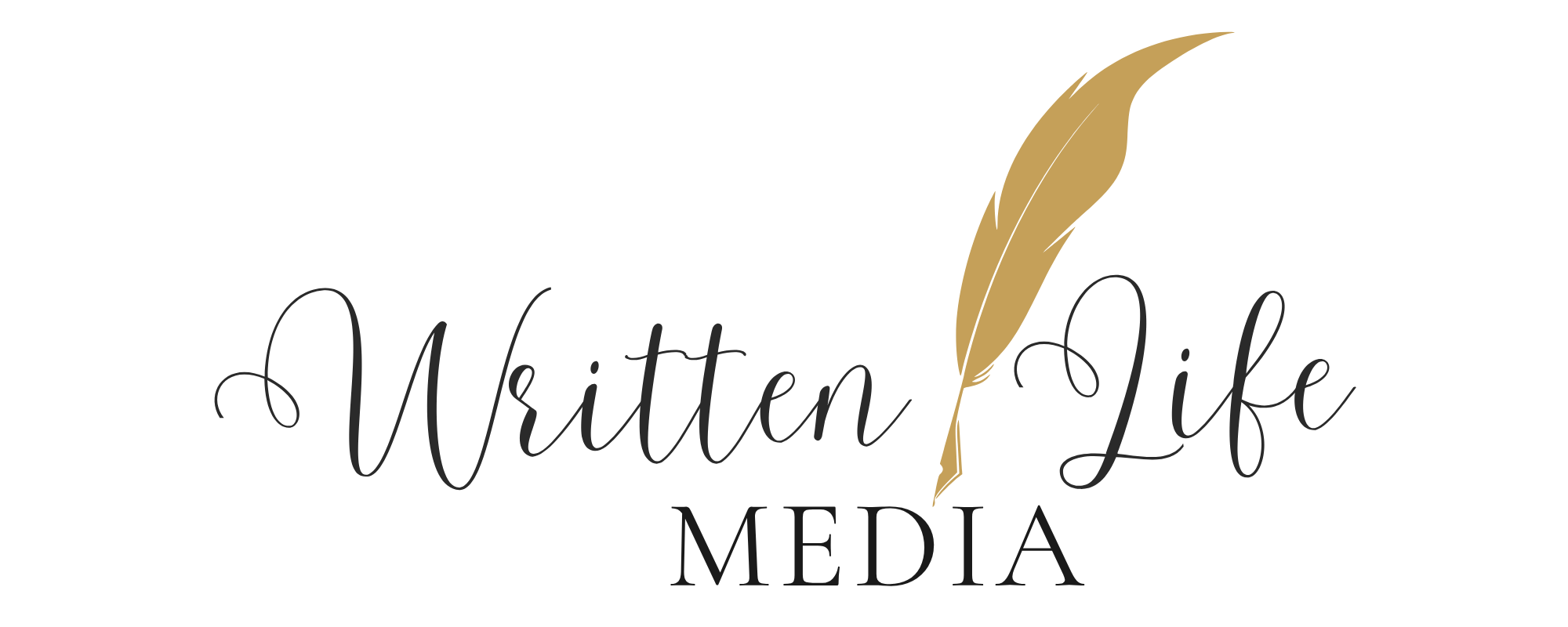 Written Life Media word large logo, gold feather
