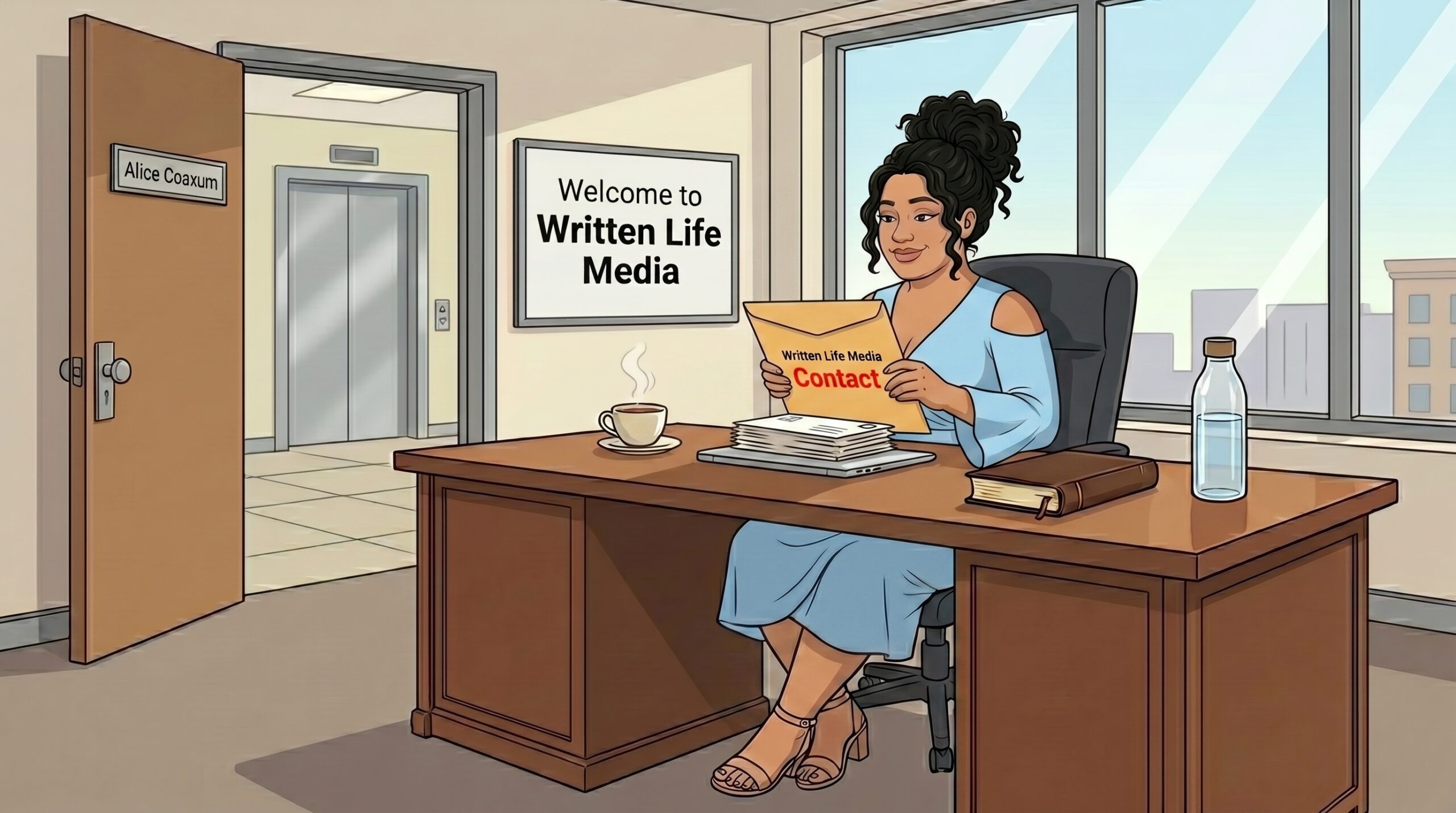 Cartoon illustration of Alice Coaxum seated at a desk holding a Written Life Media contact envelope in her Written Life Media office.