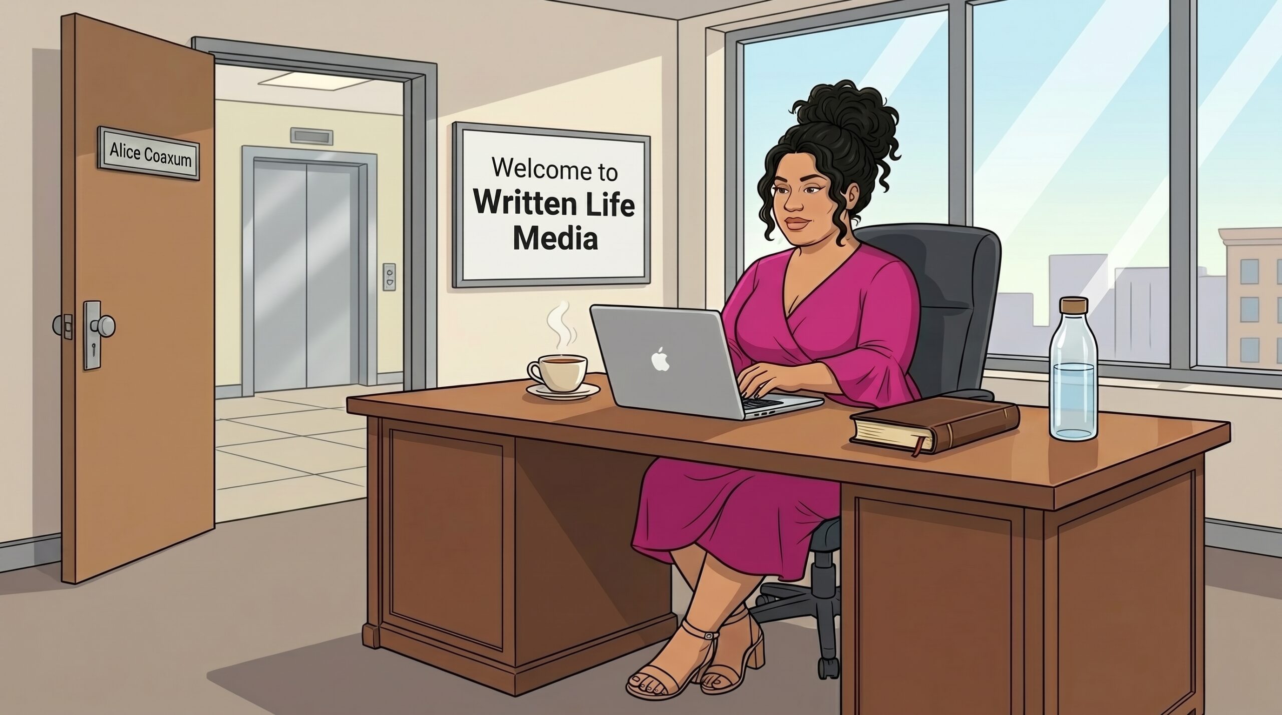 Alice Coaxum working at her desk inside the Written Life Media office