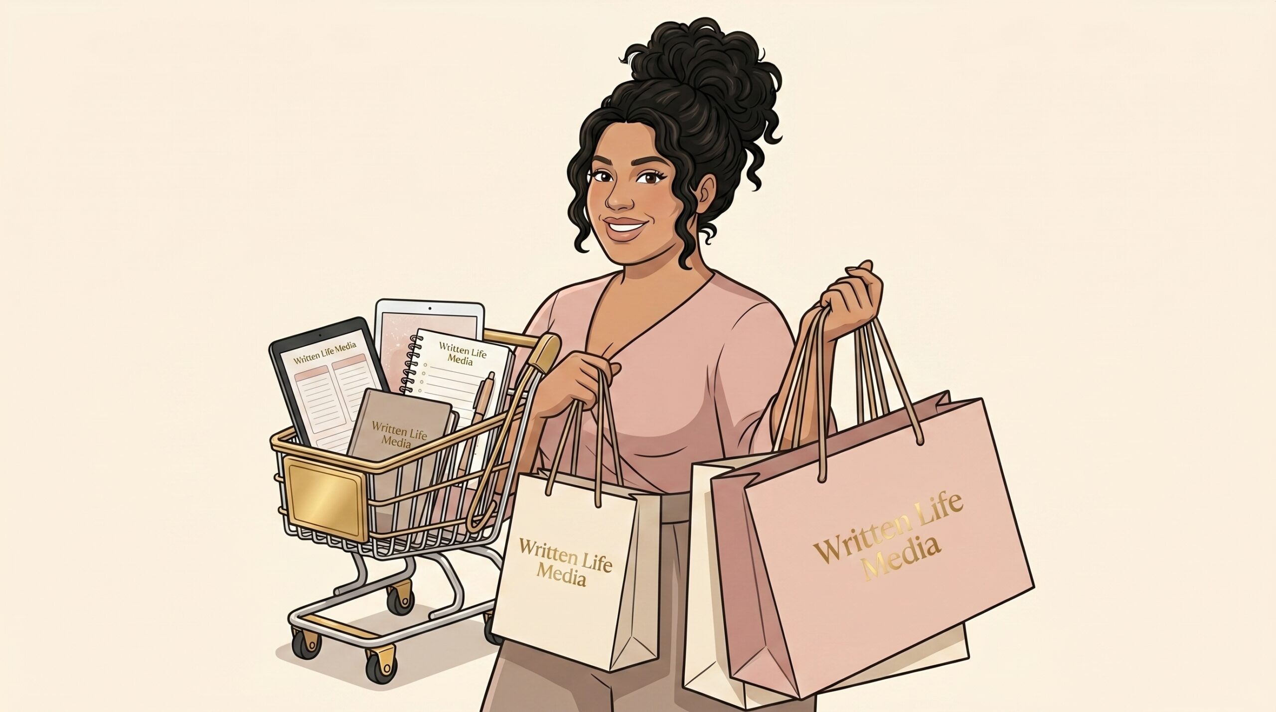 Cartoon stylized Alice shopping illustration for Written Life Media